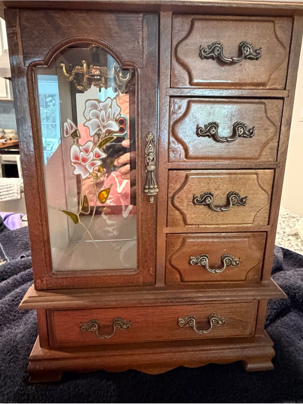 Wooden Jewelry Armoire with Floral Glass Door - Brown